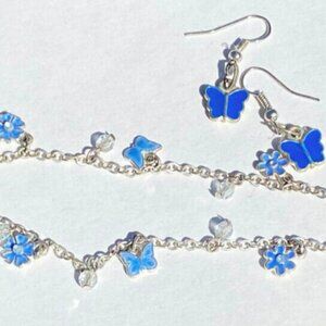 Butterfly Charm Bracelet Anklet Blue Enamel Crystal & Hanging Butterfly Earrings